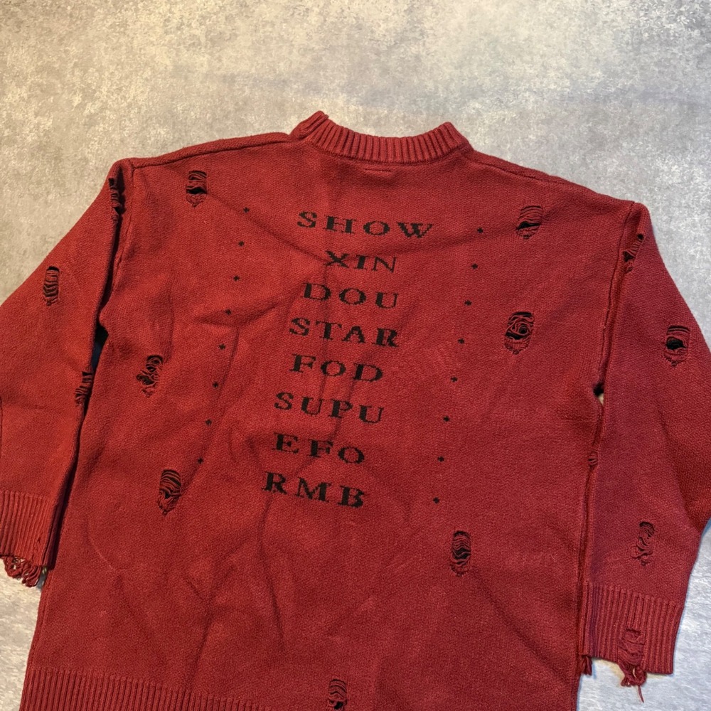 SXD Show Xin Dou Distressed Knit Graphic Sweater Red Mens Large Grim Reaper - Picture 6 of 6